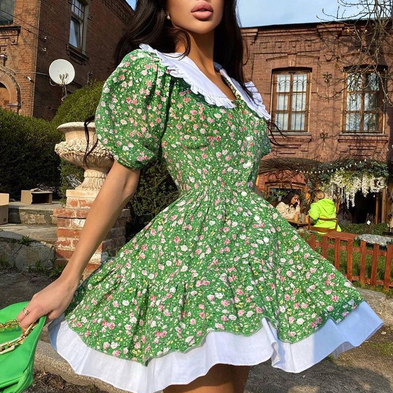 Ditsy Floral Print Peter Pan Collar Button Front Tiered Ruffle Hem Mini Dress 2