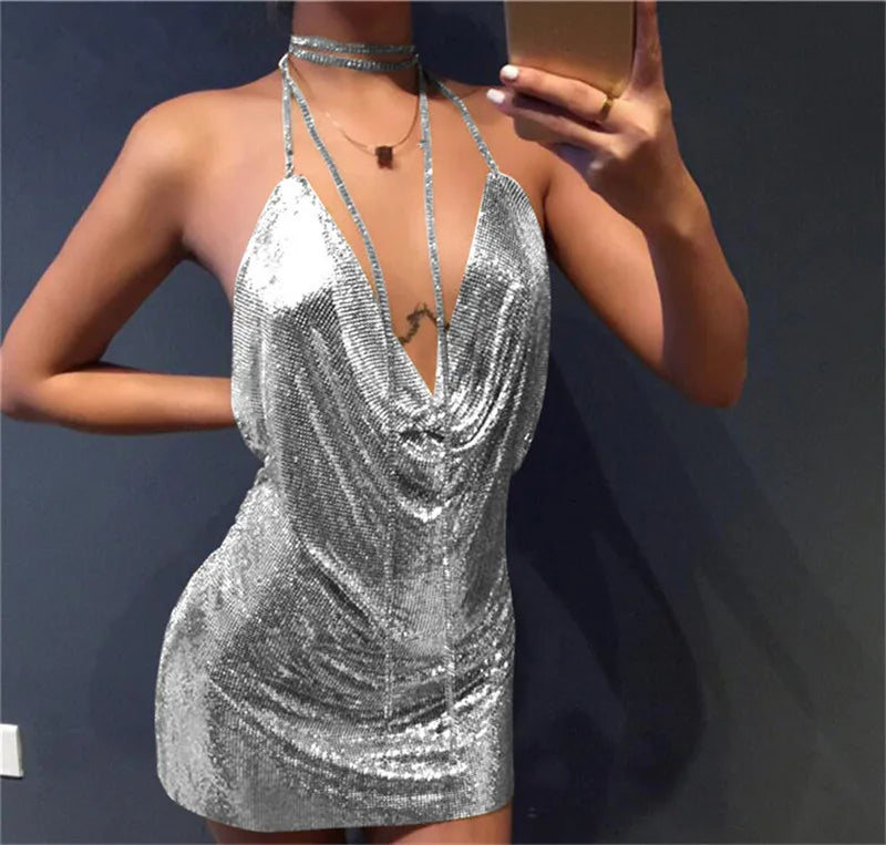 Sequin Mesh Halter Cowl Neck Backless Bodycon Mini Mini Dress 5