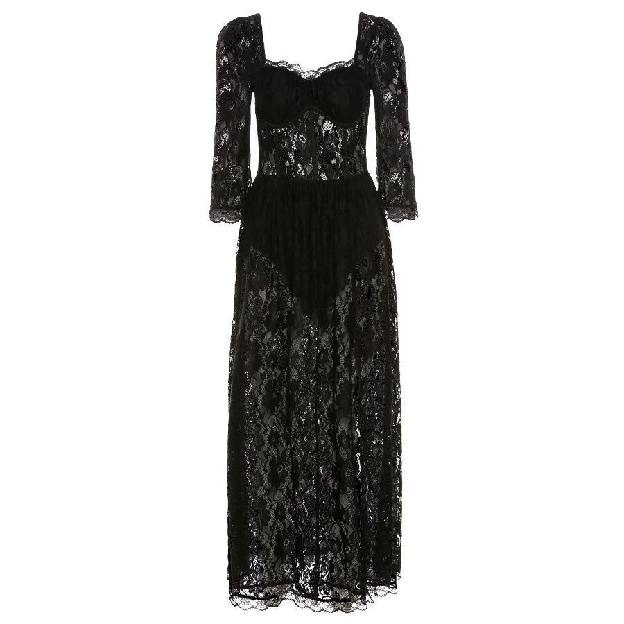 Sweetheart Puff Sleeve Floral Lace Corset Bodice High Slit Maxi Dress 7