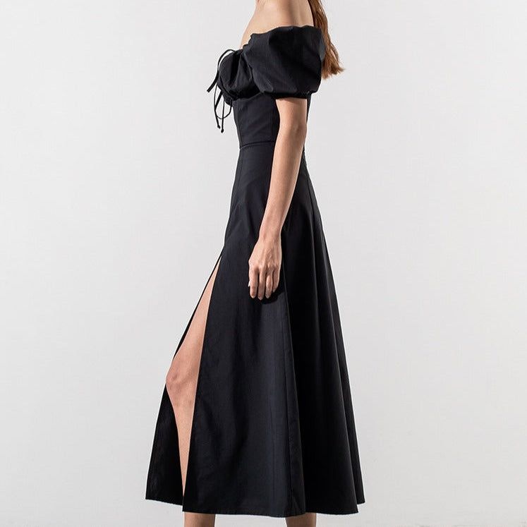 Square Neck Keyhole Tie Bust Puff Sleeve Side Slit Ruched Midi Dress 6