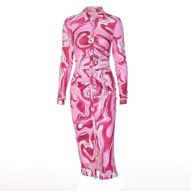Collared V Neck Ruched Button Front Abstract Swirl Print Midi Dress 5