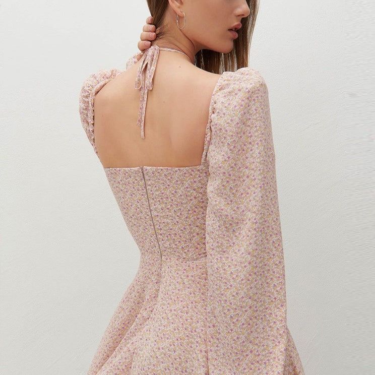 Sweetheart Neck Tie Front Puff Sleeve Floral Print A Line Mini Dress 7