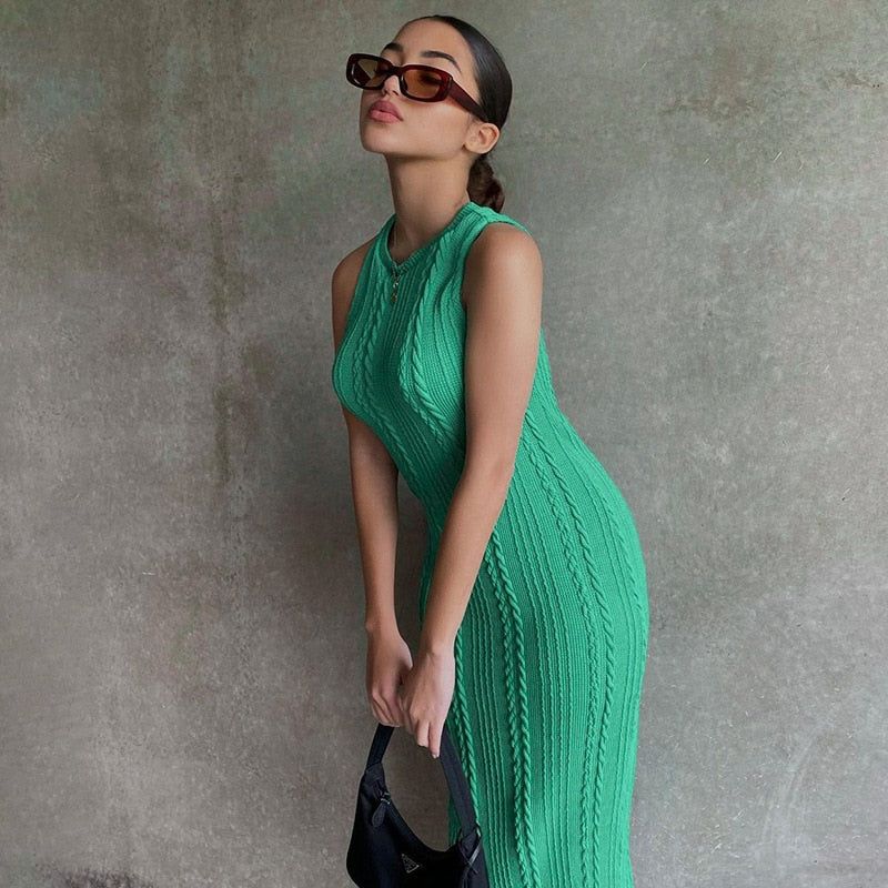 Square Neck Sleeveless Rib Knit Side Slit Midi Dress 2