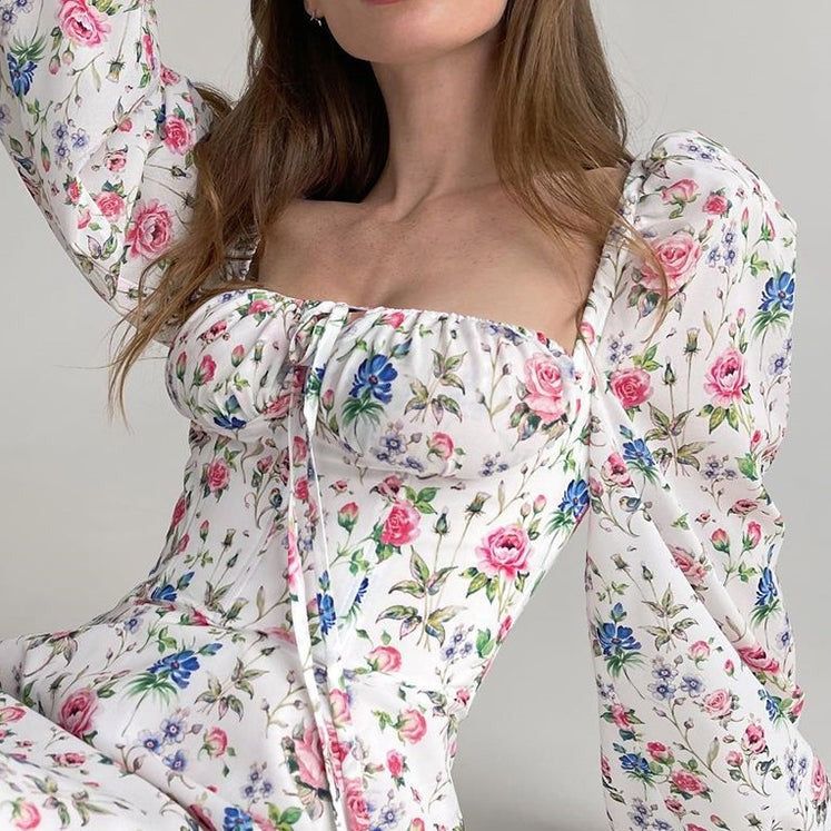 Sweetheart Neck Tie Front Puff Sleeve Floral Print A Line Mini Dress 2