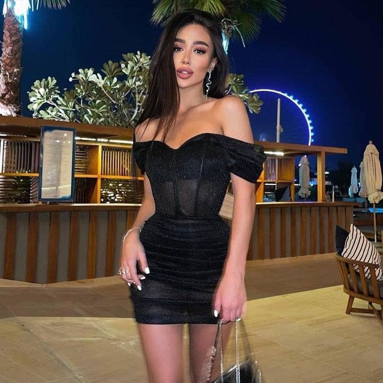 Off Shoulder Corset Bustier Ruched Glitter Mini Dress 2