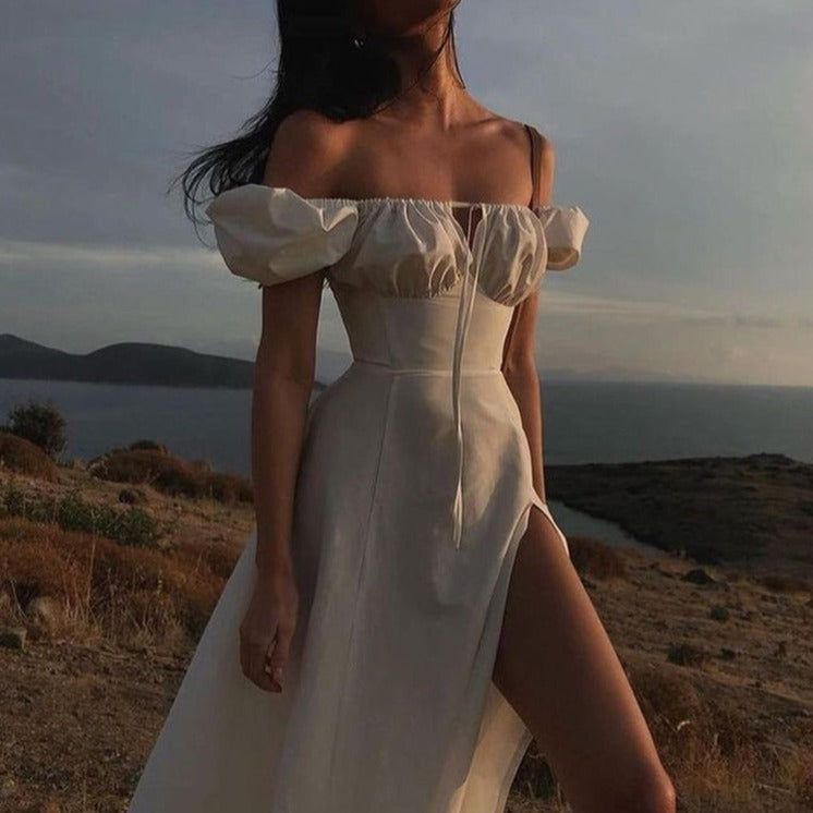 Square Neck Keyhole Tie Bust Puff Sleeve Side Slit Ruched Midi Dress 2