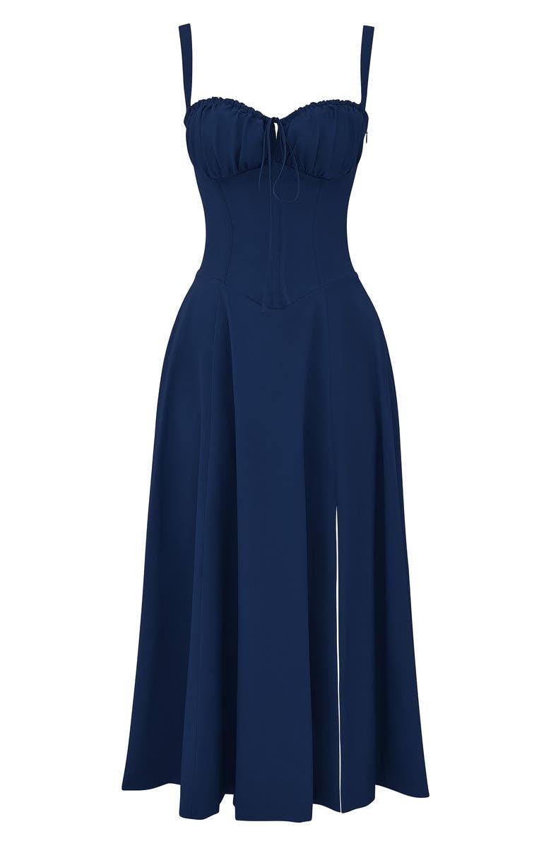 Floral Lace Up Back Spaghetti Strap Corset Fit and Flare Midi Dress 19