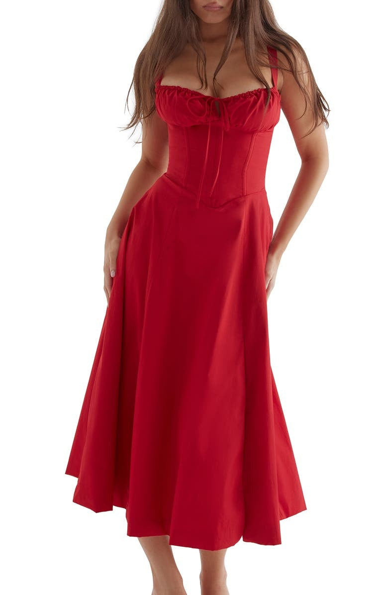 Floral Lace Up Back Spaghetti Strap Corset Fit and Flare Midi Dress 30