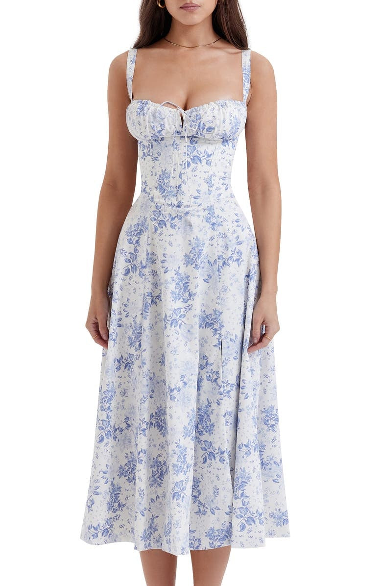 Floral Lace Up Back Spaghetti Strap Corset Fit and Flare Midi Dress 28
