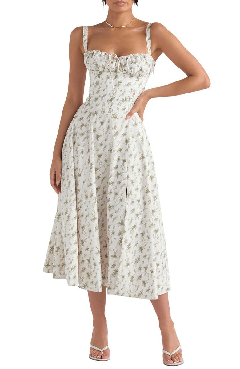Floral Lace Up Back Spaghetti Strap Corset Fit and Flare Midi Dress 29