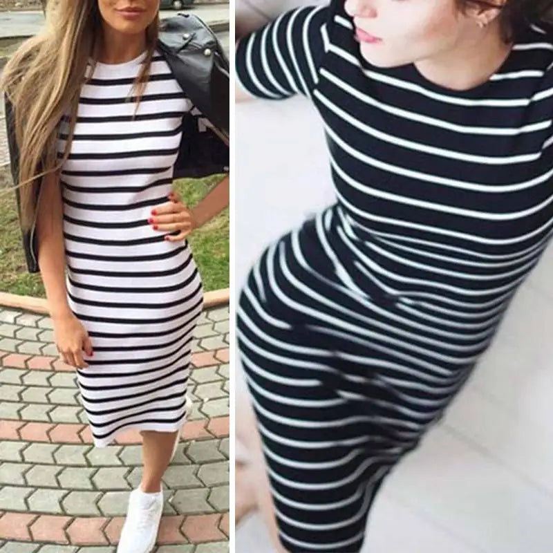 Horizontal Stripe Short Sleeve Crew Neck Ribbed Bodycon Midi Dress 4