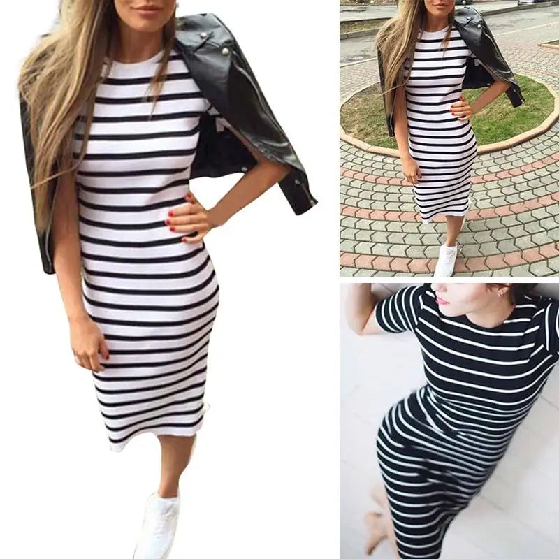 Horizontal Stripe Short Sleeve Crew Neck Ribbed Bodycon Midi Dress 3