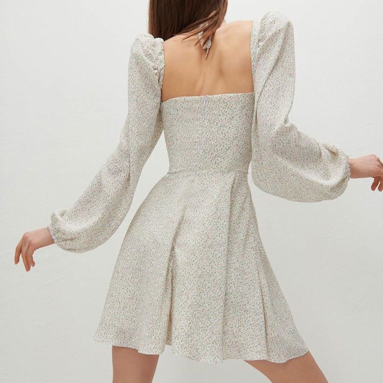 Sweetheart Neck Tie Front Puff Sleeve Floral Print A Line Mini Dress 5