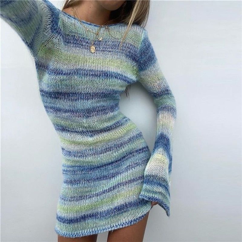 Crochet Stripe Bell Sleeve Crew Neck Bodycon Mini Dress