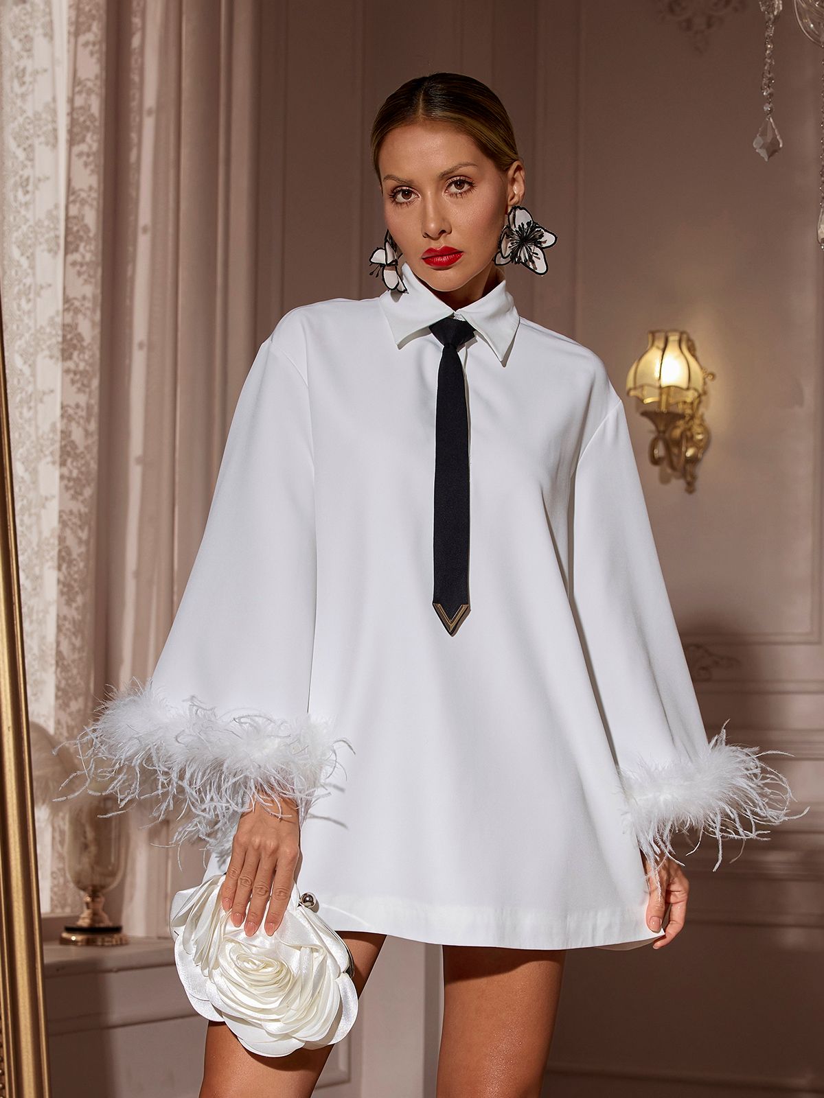 Halter Pointed Collar Feather Mini Dress