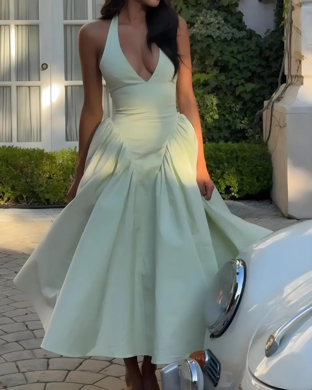 Halter Deep V-Neck Pleated Waist Fit and Flare Corset Midi Dress 3