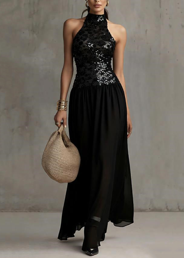 Halter High Neck Sequin Bodice Gathered Waist Chiffon Floor Length Gown