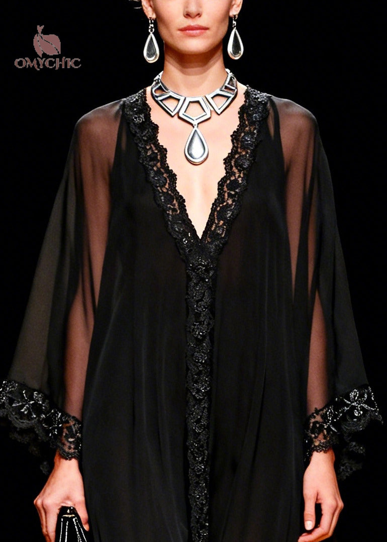 Deep V-Neck Lace Trim Bell Sleeve Sheer Chiffon Maxi Dress 2