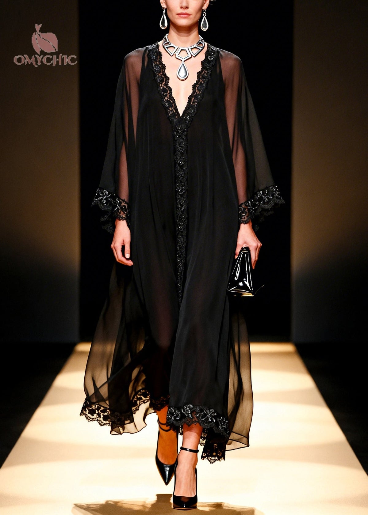 Deep V-Neck Lace Trim Bell Sleeve Sheer Chiffon Maxi Dress 3