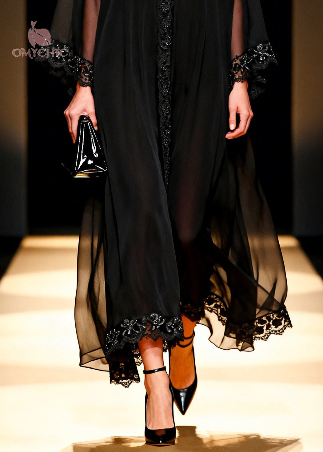 Deep V-Neck Lace Trim Bell Sleeve Sheer Chiffon Maxi Dress 4