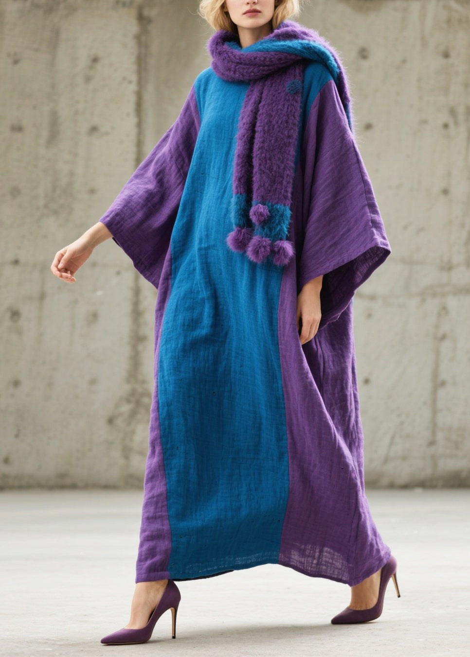 Round Neck Kimono Sleeve Vertical Panel Oversized Linen Maxi Kaftan Dress