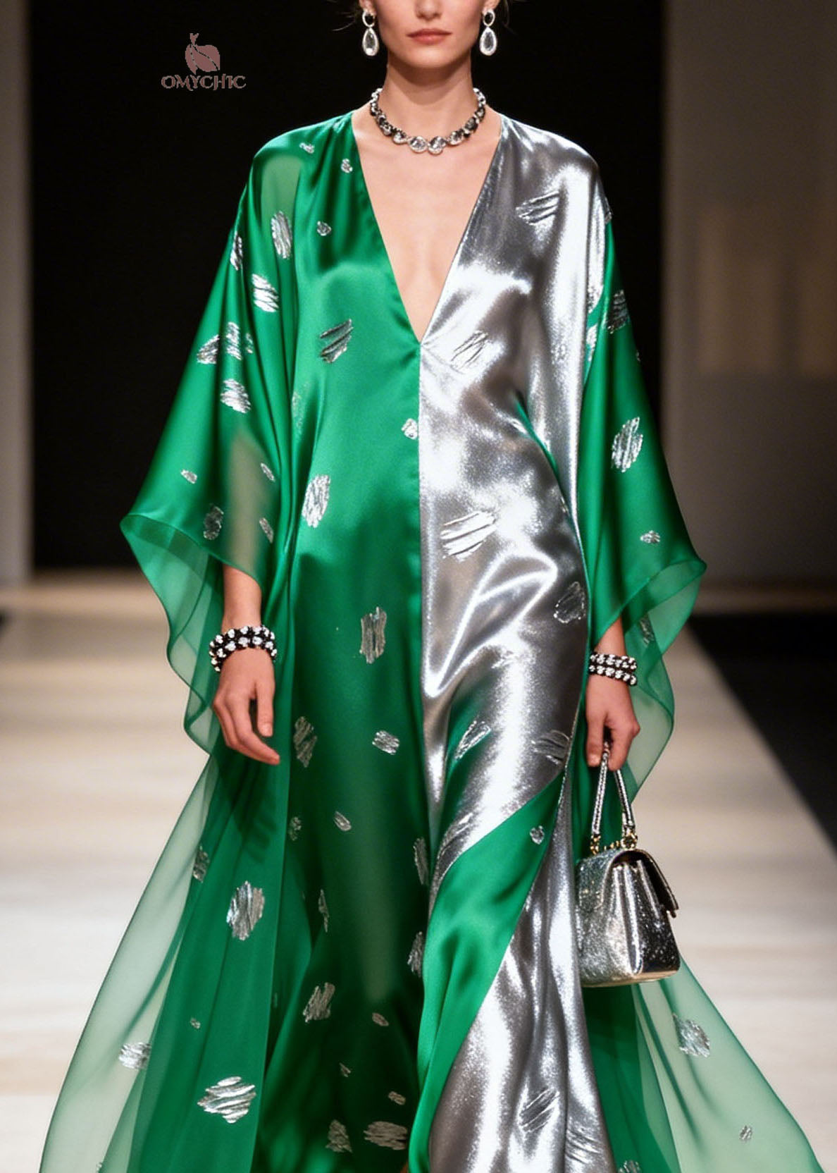 Deep V-Neck Split Panel Metallic Foil Sheer Kimono Sleeve Maxi Gown 2