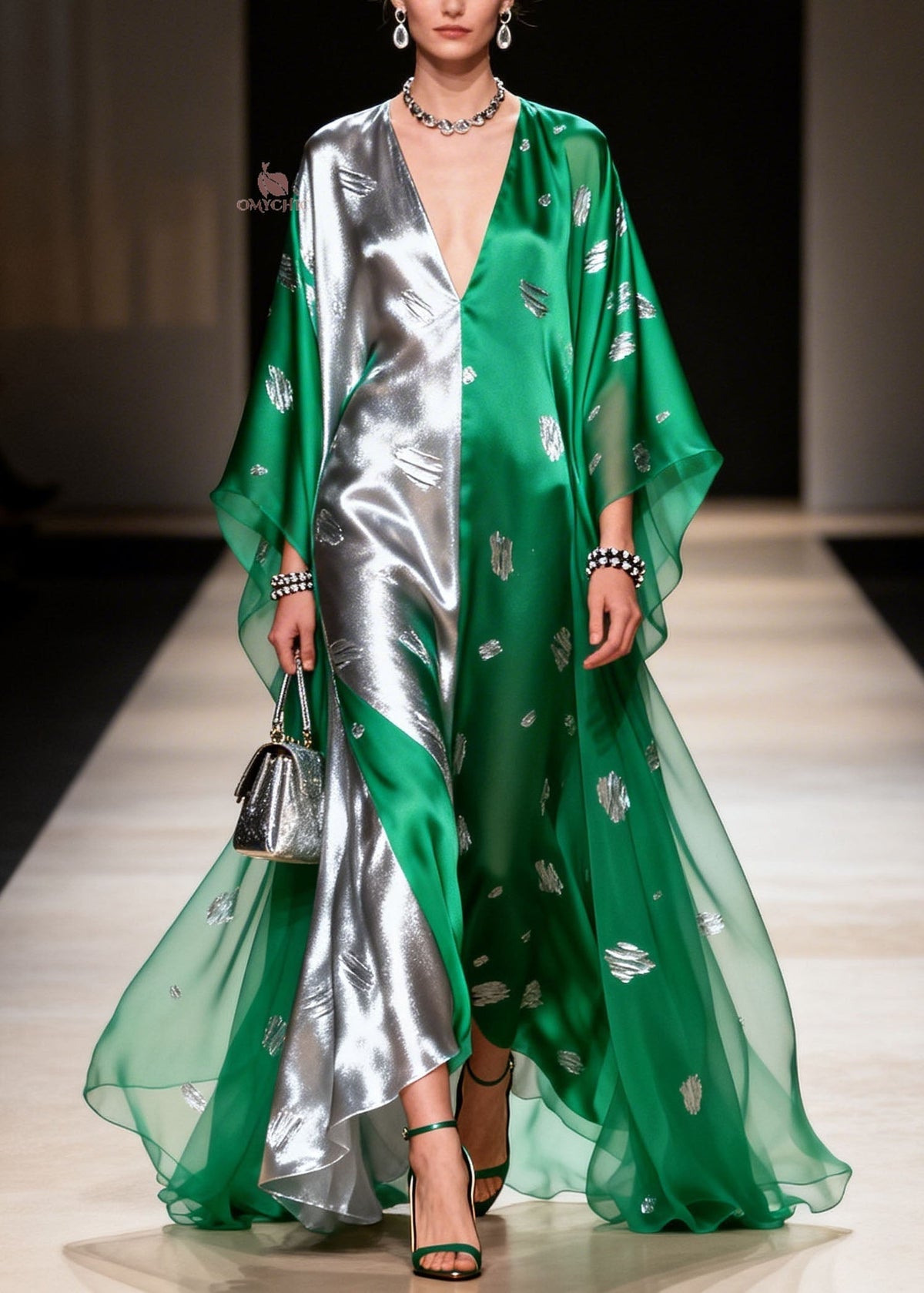 Deep V-Neck Split Panel Metallic Foil Sheer Kimono Sleeve Maxi Gown 3