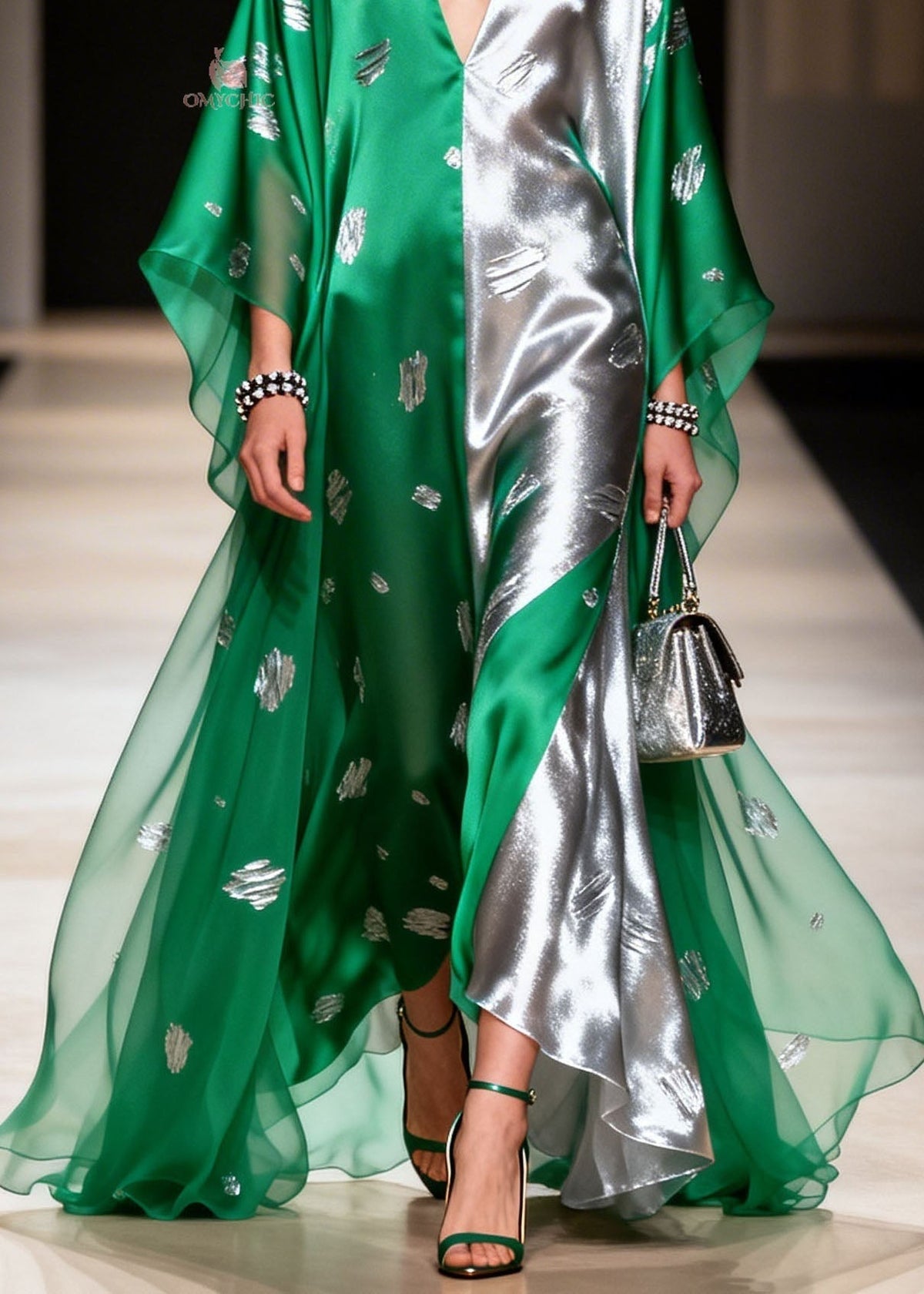 Deep V-Neck Split Panel Metallic Foil Sheer Kimono Sleeve Maxi Gown 4