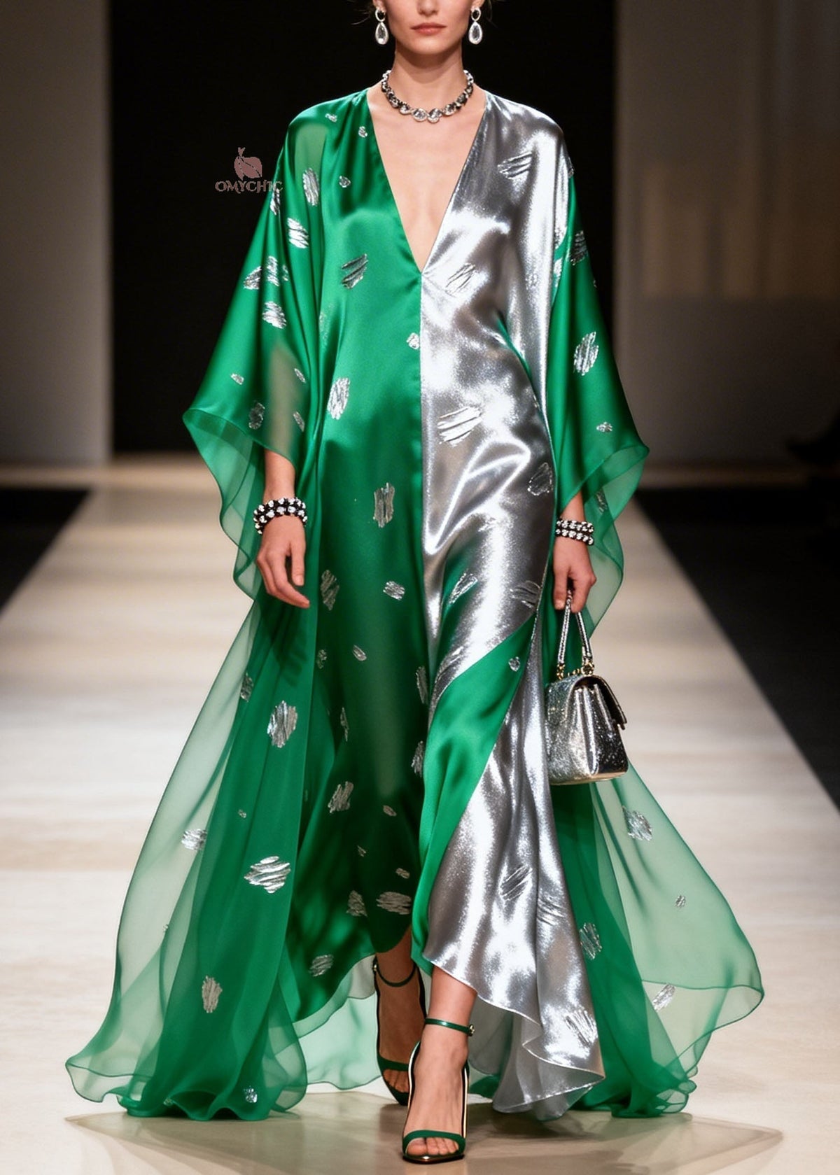 Deep V-Neck Split Panel Metallic Foil Sheer Kimono Sleeve Maxi Gown 5