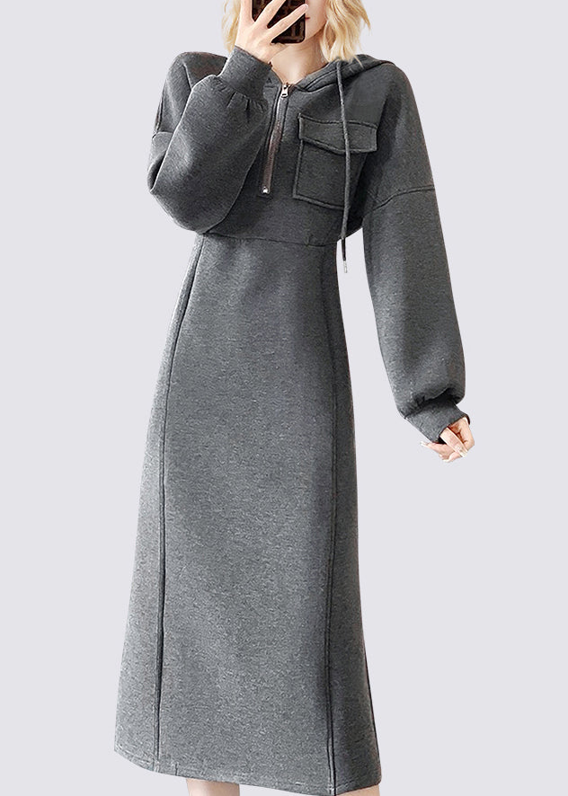 Hooded Quarter-Zip Chest Pocket Puff Sleeve Princess Seam Midi Sweatshirt Dress 2