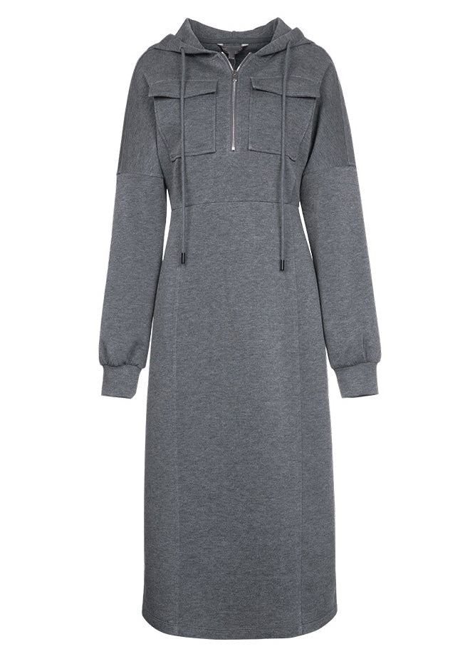 Hooded Quarter-Zip Chest Pocket Puff Sleeve Princess Seam Midi Sweatshirt Dress 5