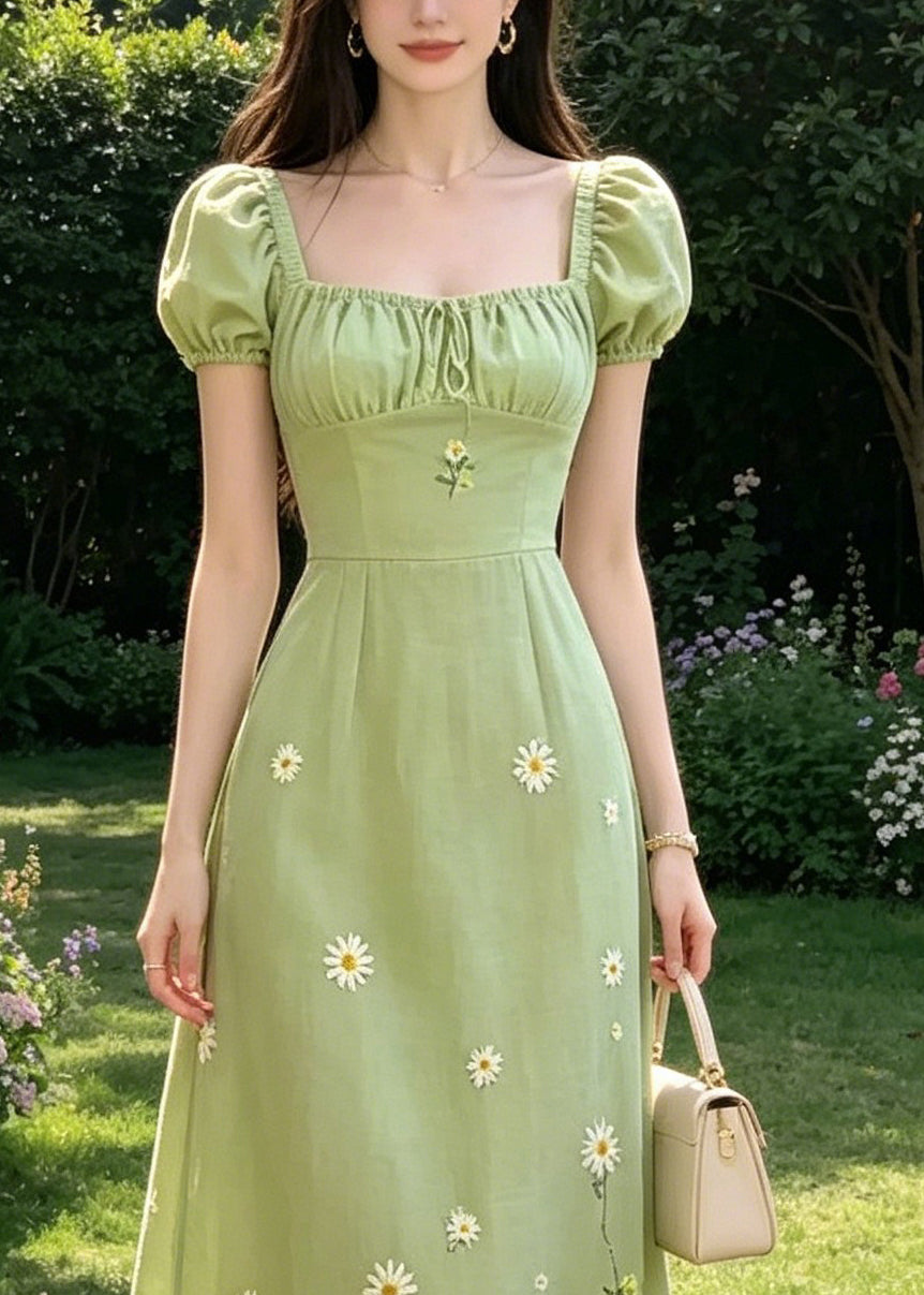 Square Neck Drawstring Ruched Puff Sleeve Daisy Embroidery Linen Midi Dress 2