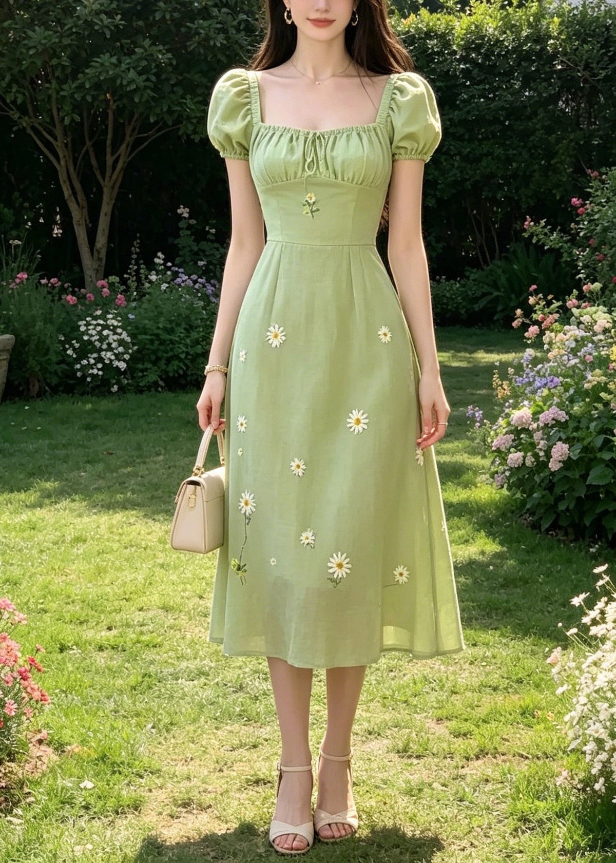 Square Neck Drawstring Ruched Puff Sleeve Daisy Embroidery Linen Midi Dress 3