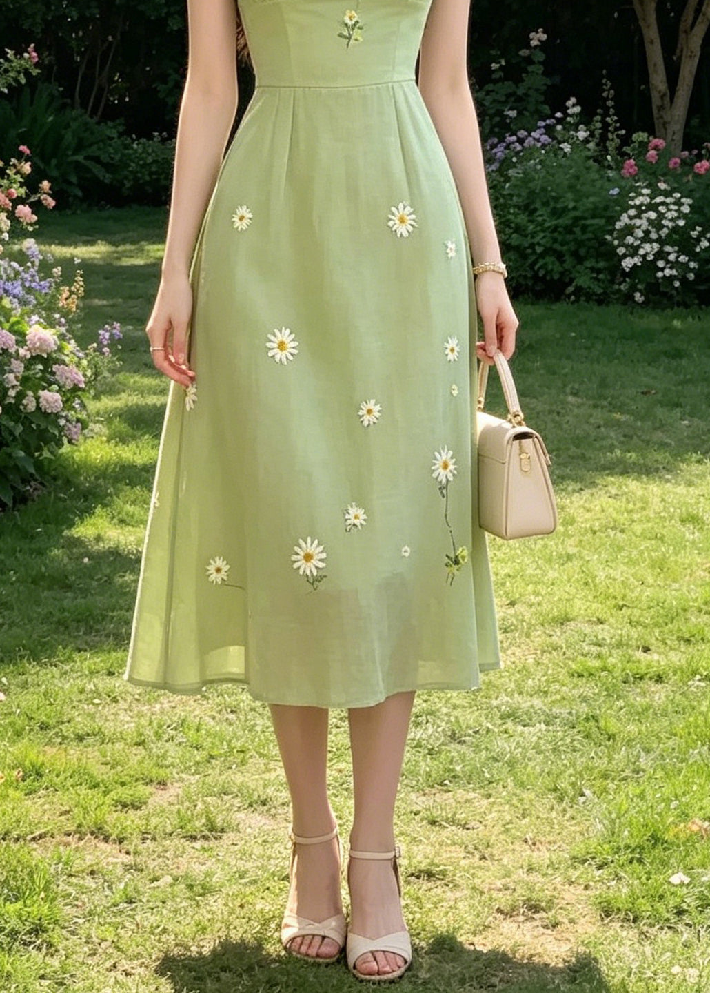 Square Neck Drawstring Ruched Puff Sleeve Daisy Embroidery Linen Midi Dress 4