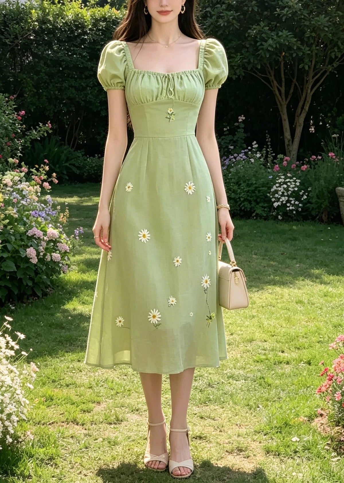 Square Neck Drawstring Ruched Puff Sleeve Daisy Embroidery Linen Midi Dress 5