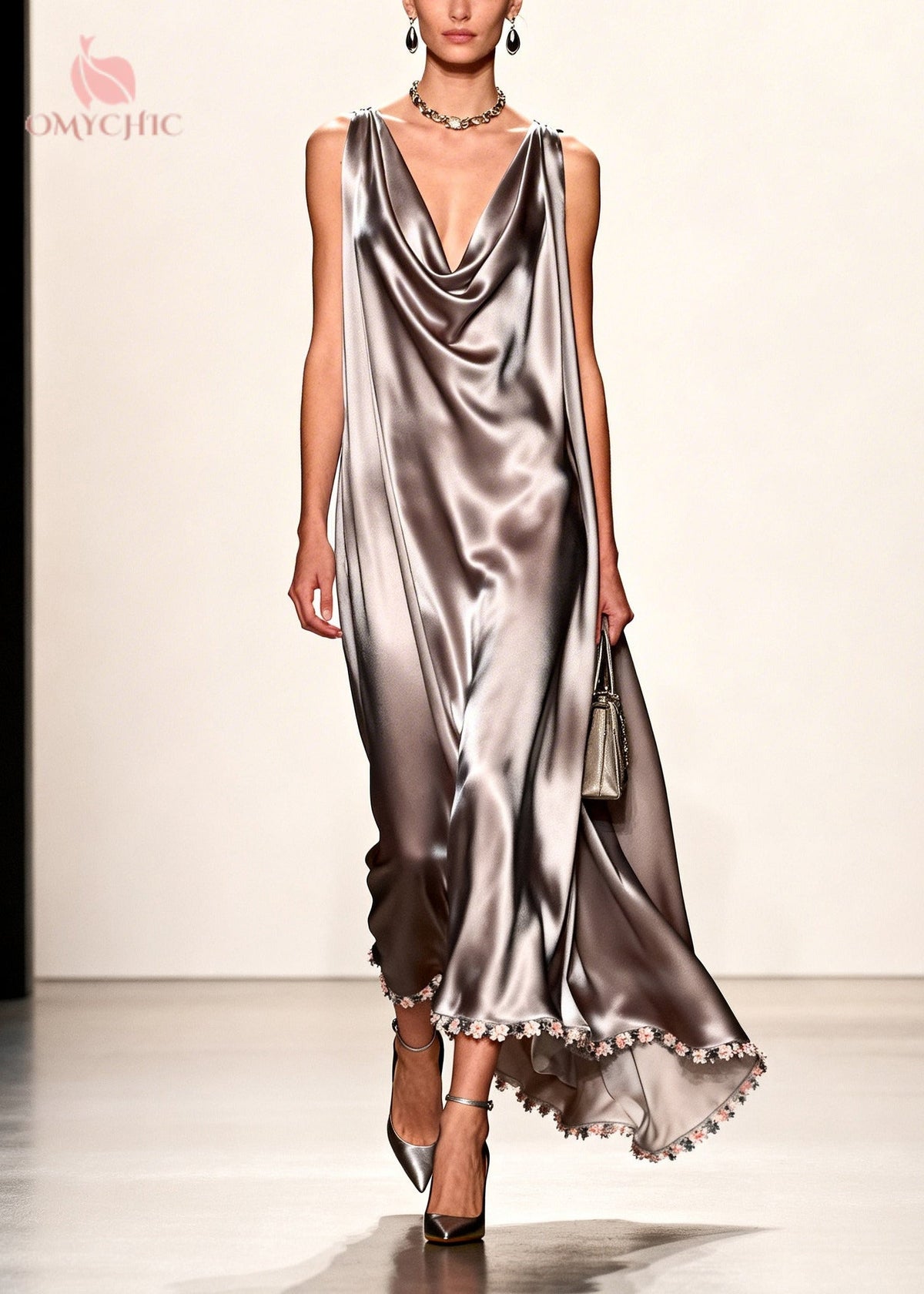 Cowl Neck Asymmetric Hem 3D Floral Applique Satin Slip Maxi Dress 3