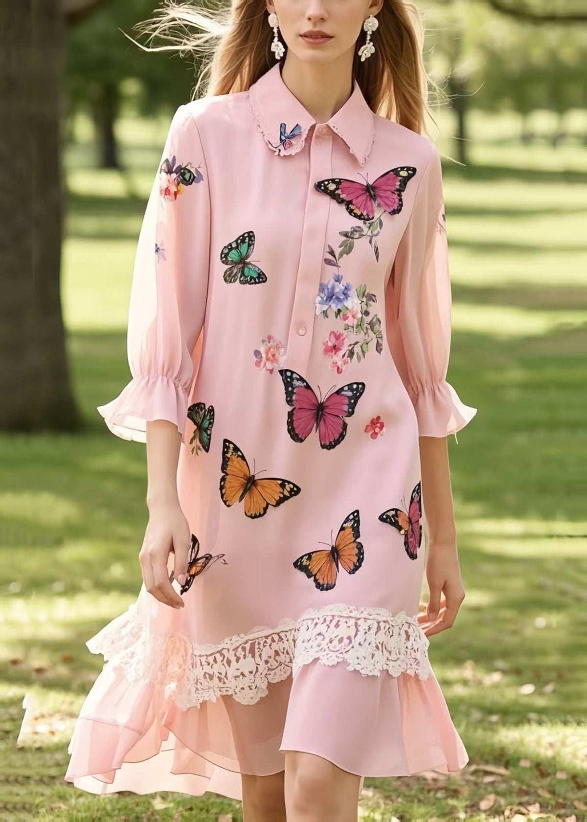 Collared Button Front Butterfly Print Crochet Lace Ruffle Hem Midi Dress 3
