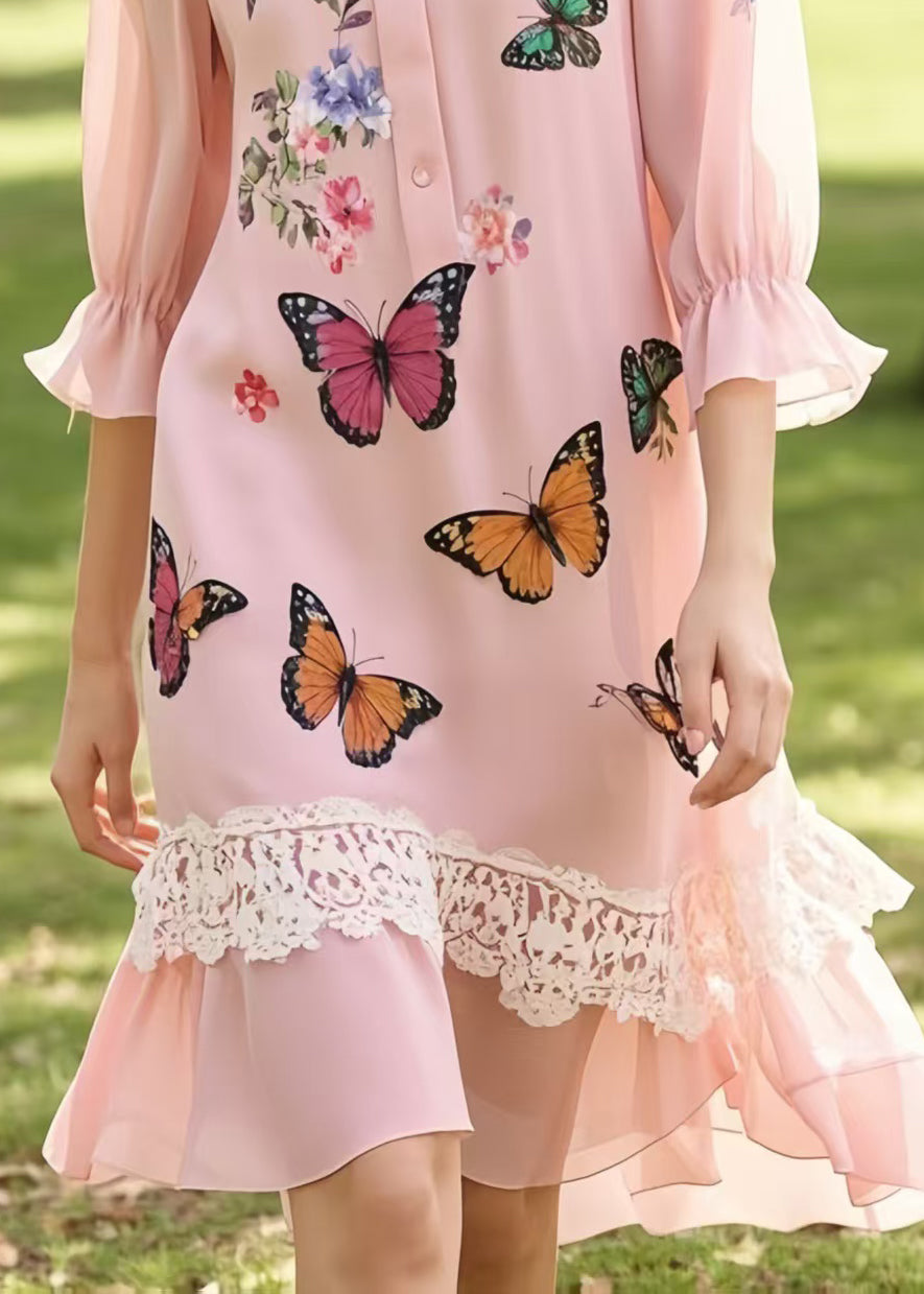 Collared Button Front Butterfly Print Crochet Lace Ruffle Hem Midi Dress 4