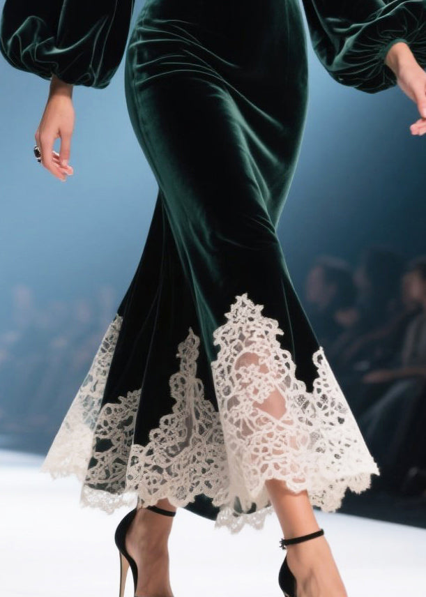 Deep V-Neck Bishop Sleeve Velvet Lace Hem Mermaid Midi Dress 4