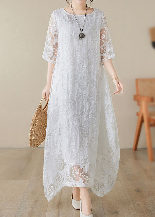 Scoop Neck Elbow Sleeve Double Layer Floral Lace Asymmetrical Hem Maxi Dress