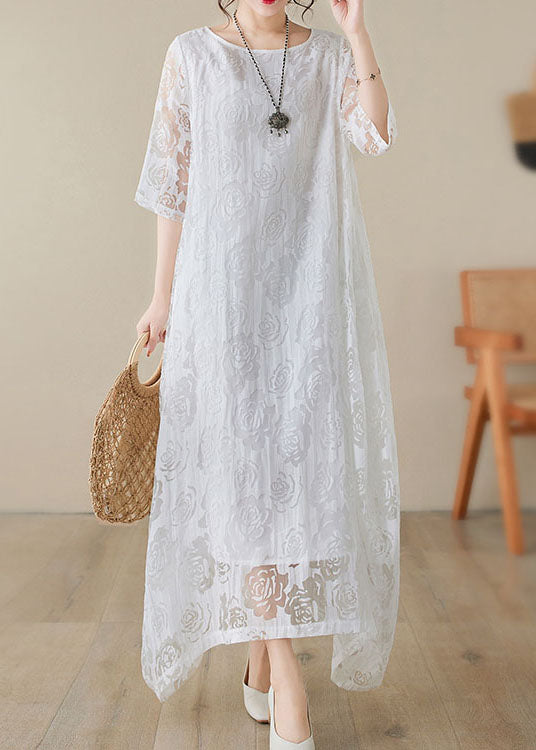 Scoop Neck Elbow Sleeve Double Layer Floral Lace Asymmetrical Hem Maxi Dress 2
