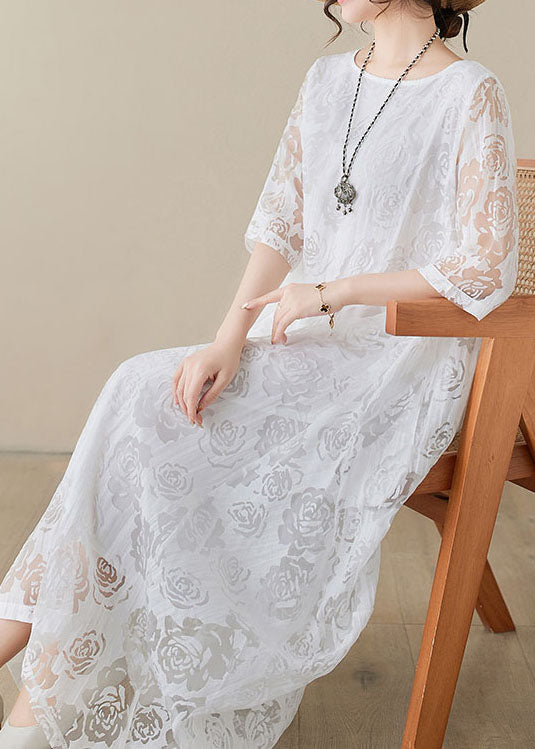 Scoop Neck Elbow Sleeve Double Layer Floral Lace Asymmetrical Hem Maxi Dress 4