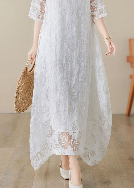 Scoop Neck Elbow Sleeve Double Layer Floral Lace Asymmetrical Hem Maxi Dress 5
