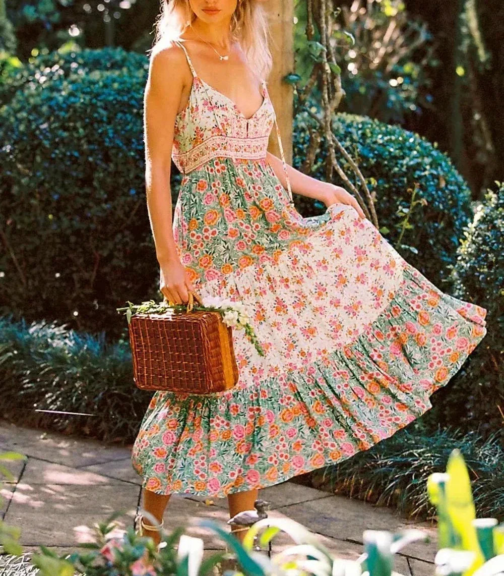 Floral V-Neck Spaghetti Strap Tiered Maxi Dress