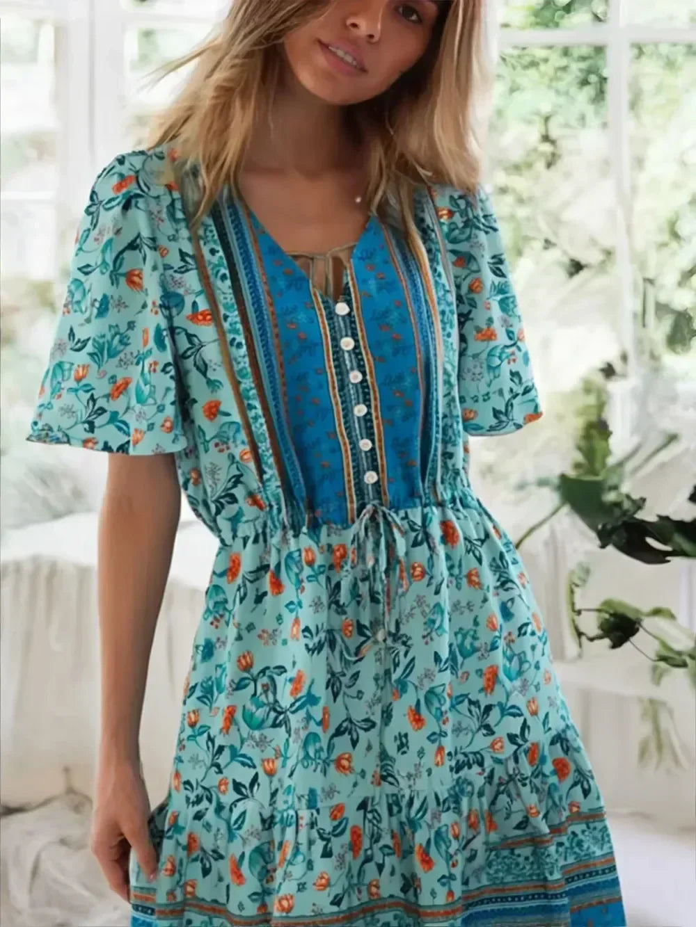Pink Floral Short Sleeve Loose V-neck Mini Boho Dress Green / S bohodress-250126
