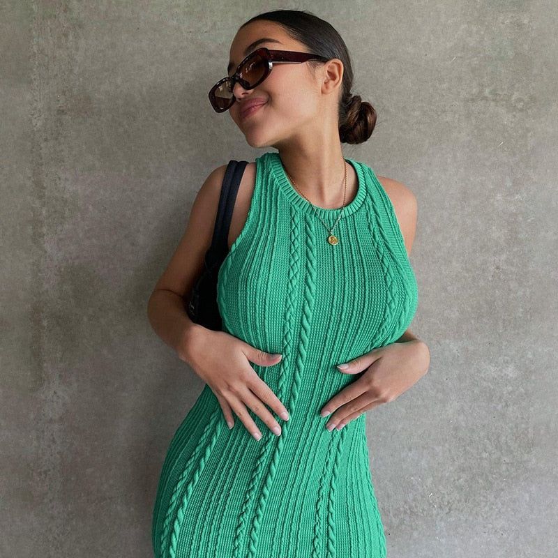 Square Neck Sleeveless Rib Knit Side Slit Midi Dress 4