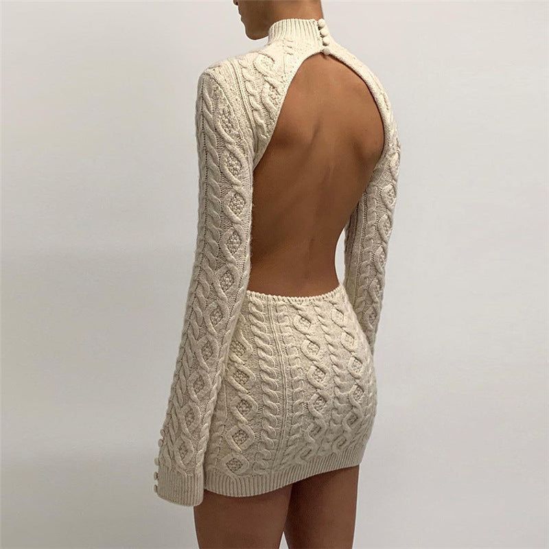 Mock Neck Cable Knit Open Back Button Cuff Mini Dress Set 8