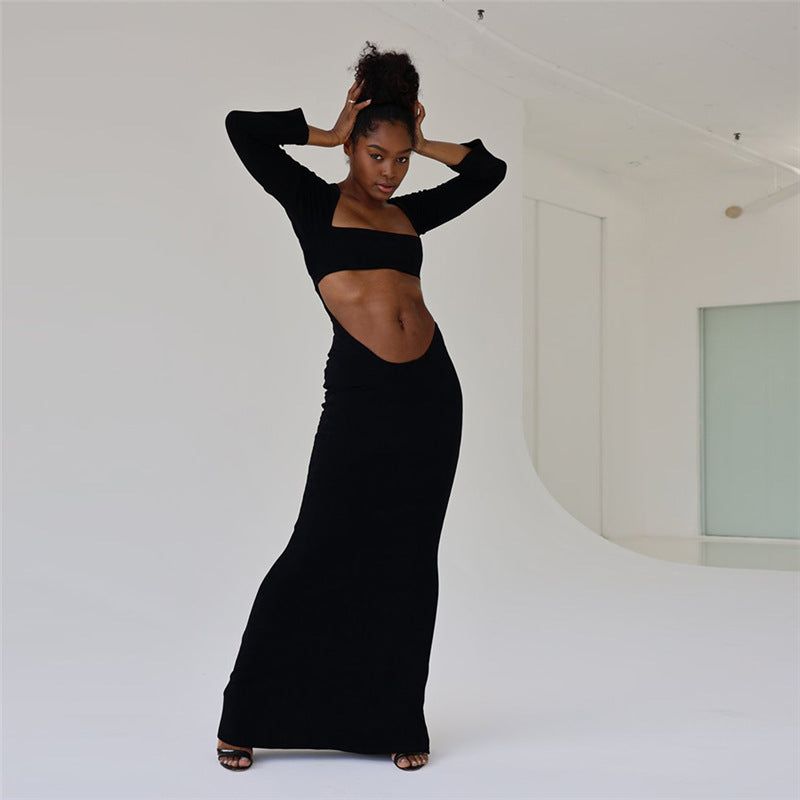 Square Neck Underbust Cutout Long Sleeve Low Waist Bodycon Maxi Dress 4