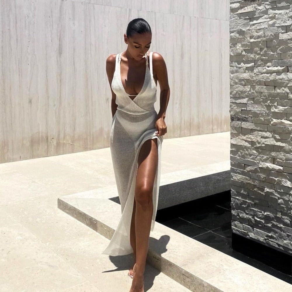 One Shoulder Crochet Mesh High Slit Bikini Cover Up Set 2