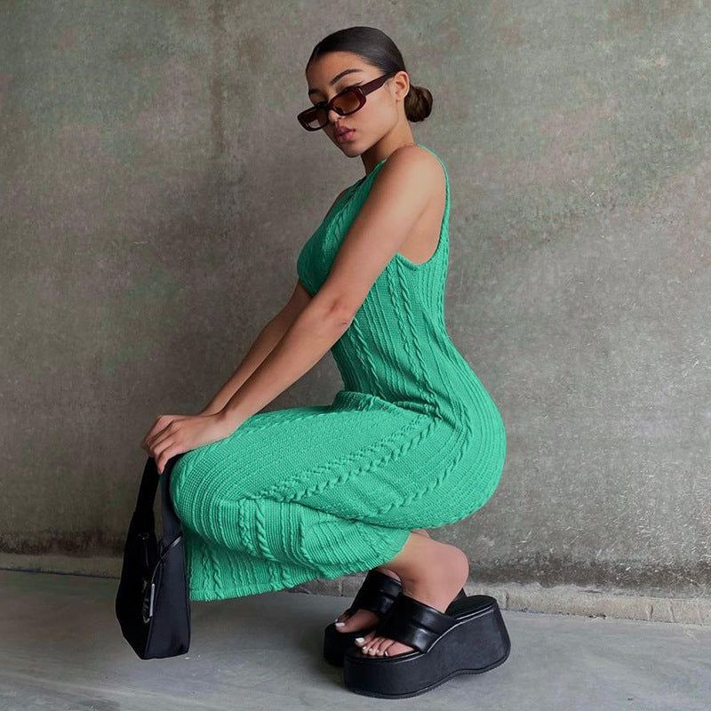 Square Neck Sleeveless Rib Knit Side Slit Midi Dress 5
